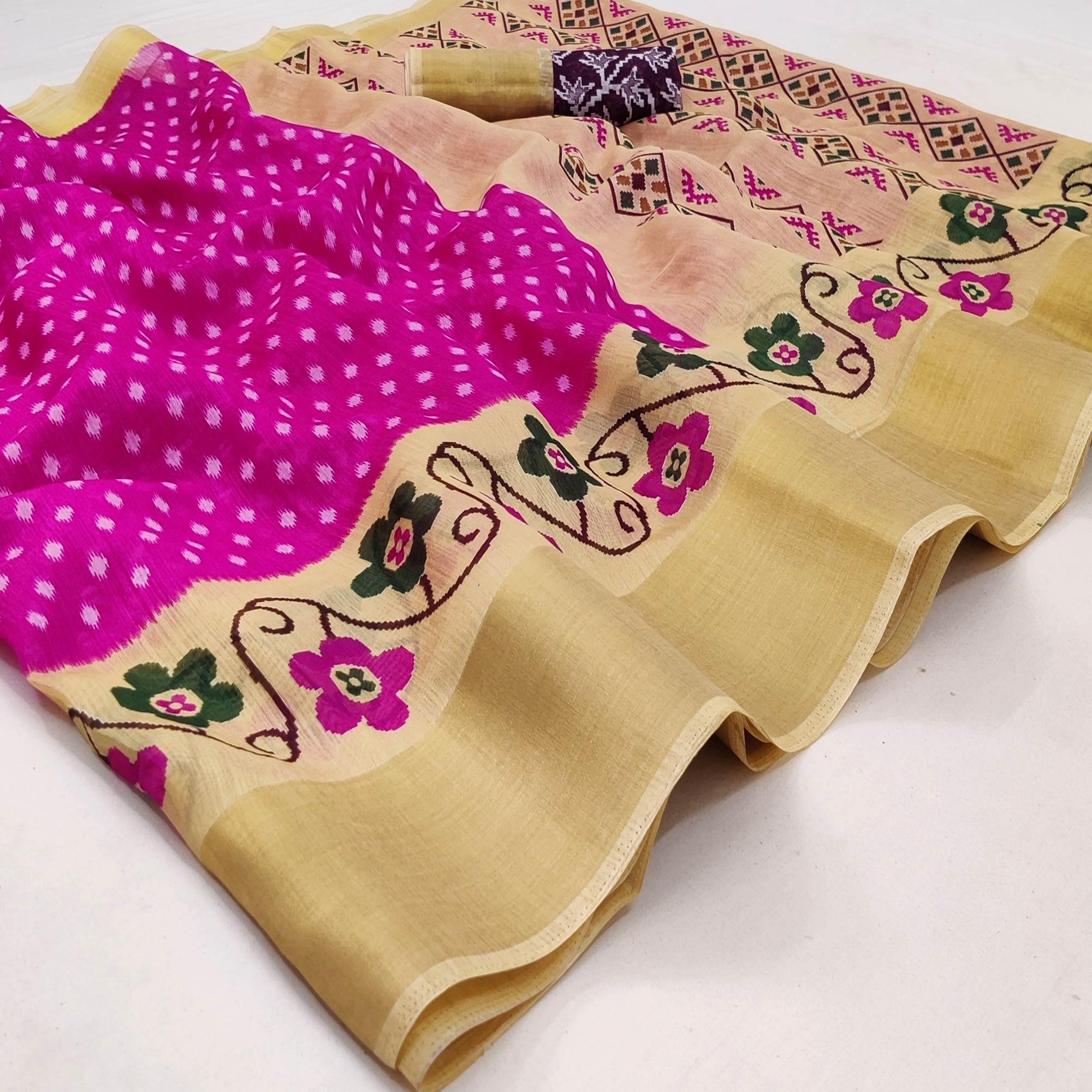 Pink-Cream Casual Wear Printed Cotton Saree With Jari Border - Peachmode