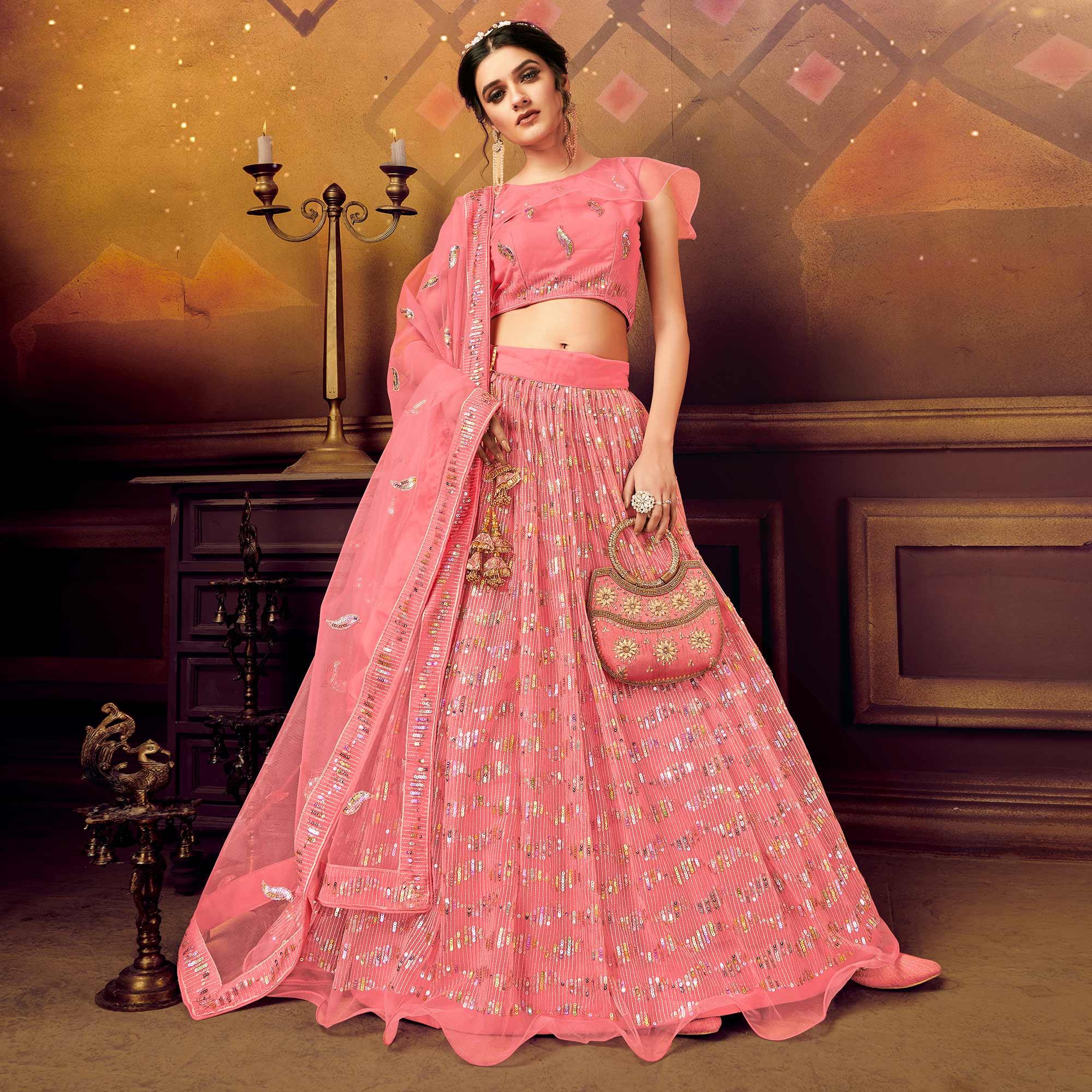 Pink Designer Wedding Wear Embroidered Soft Net Lehenga Choli - Peachmode