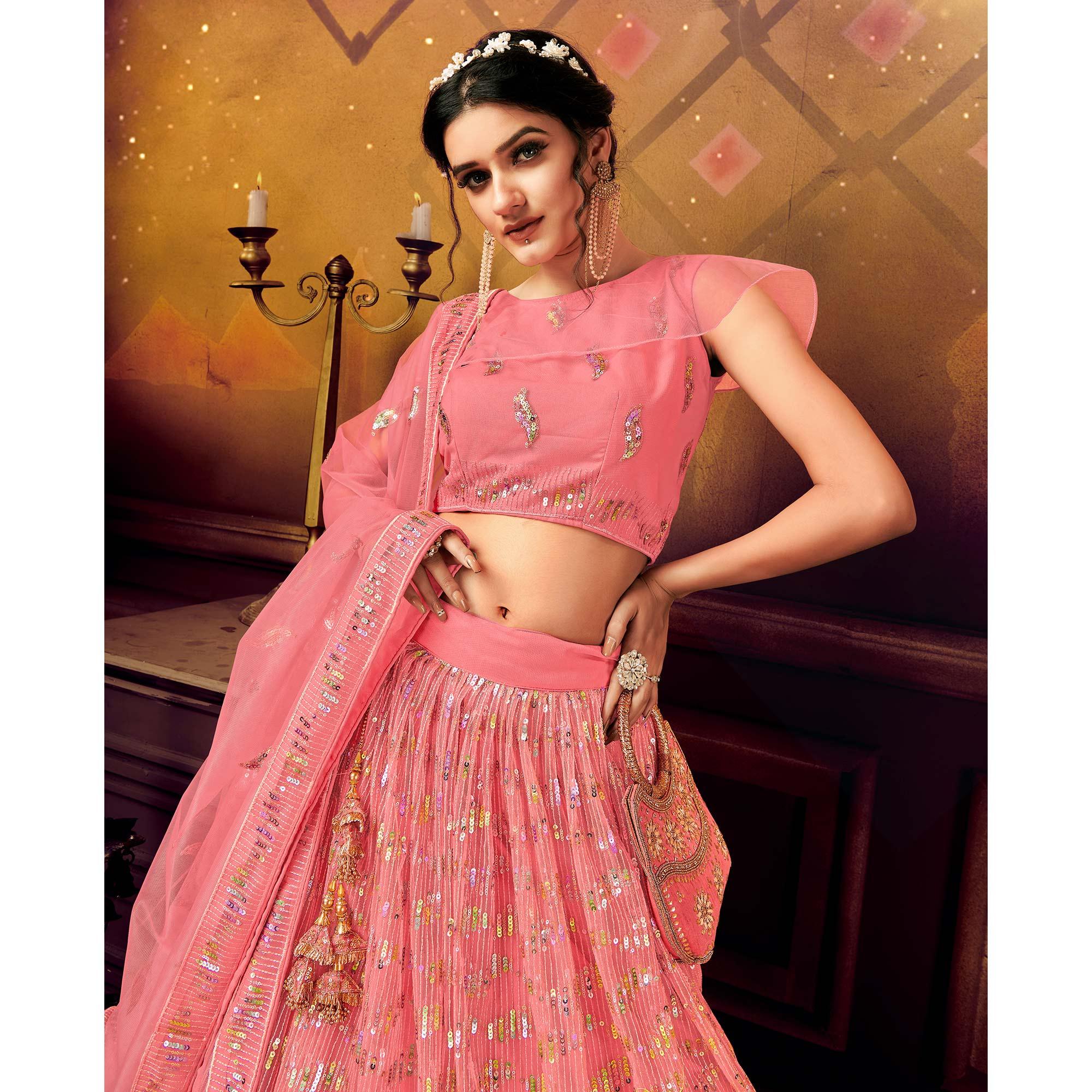 Pink Designer Wedding Wear Embroidered Soft Net Lehenga Choli - Peachmode