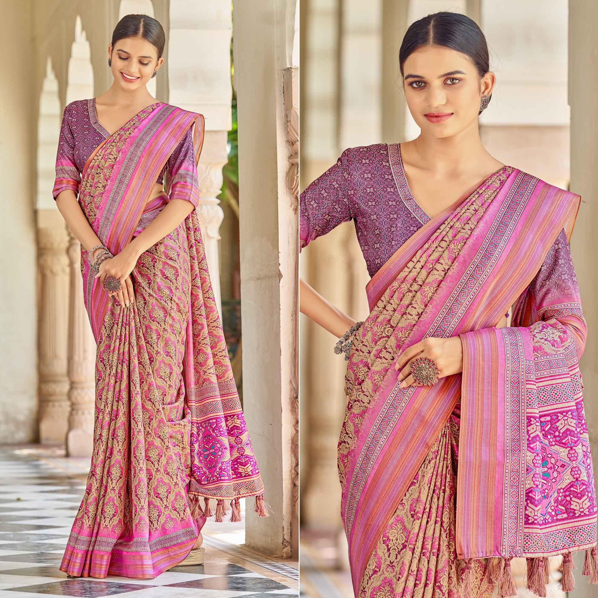 Pink Digital Printed Art Silk Saree - Peachmode