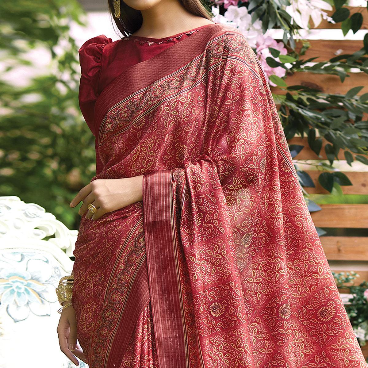 Pink Digital Printed Art Silk Saree - Peachmode