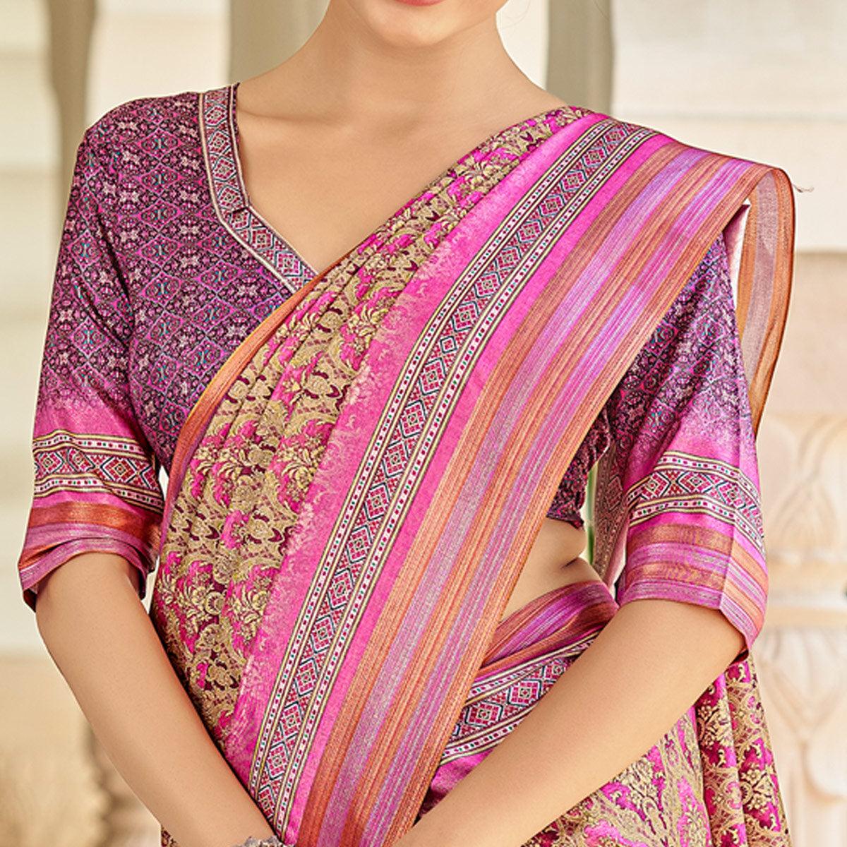 Pink Digital Printed Art Silk Saree - Peachmode