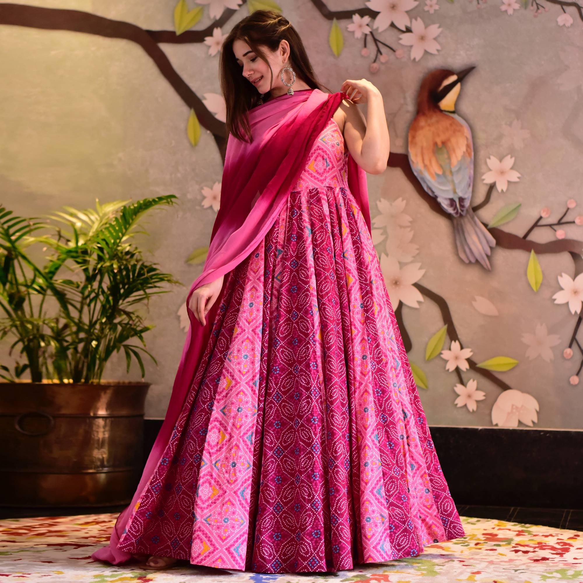 Pink Digital Printed Cotton Silk Gown - Peachmode