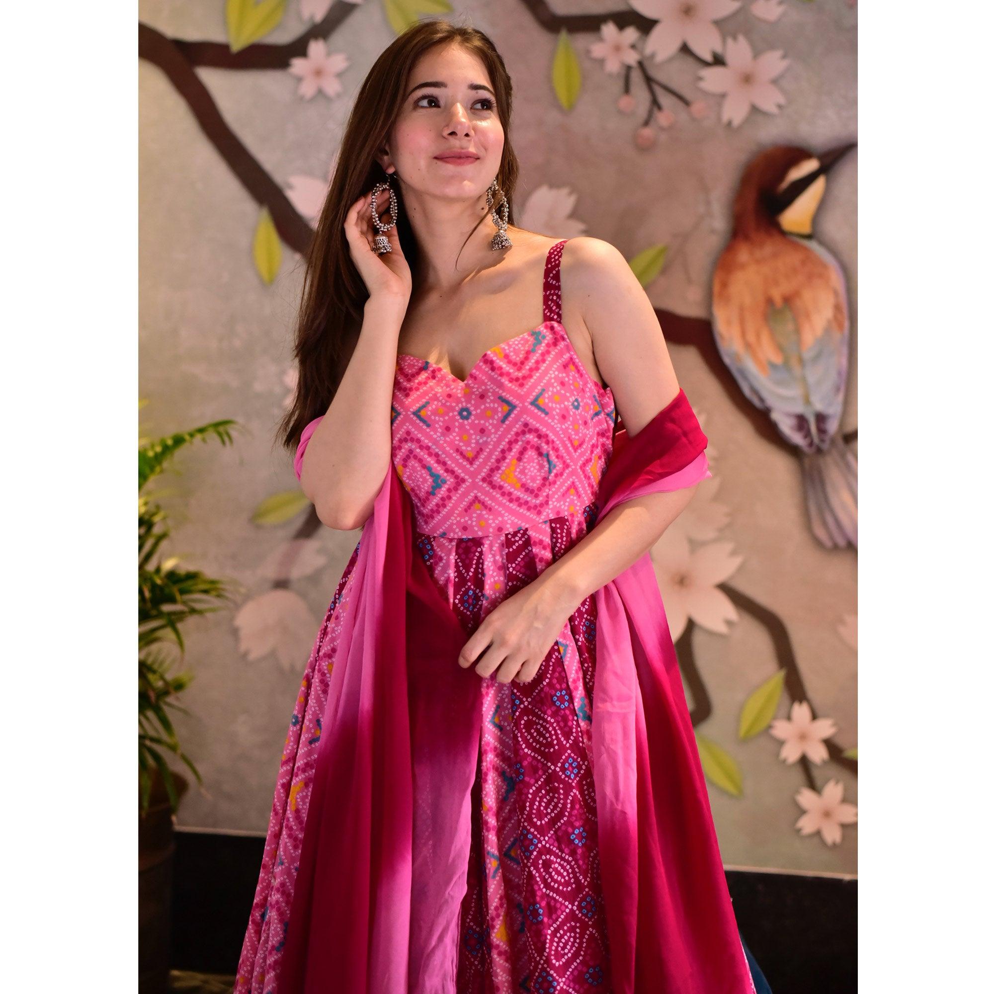 Pink Digital Printed Cotton Silk Gown - Peachmode