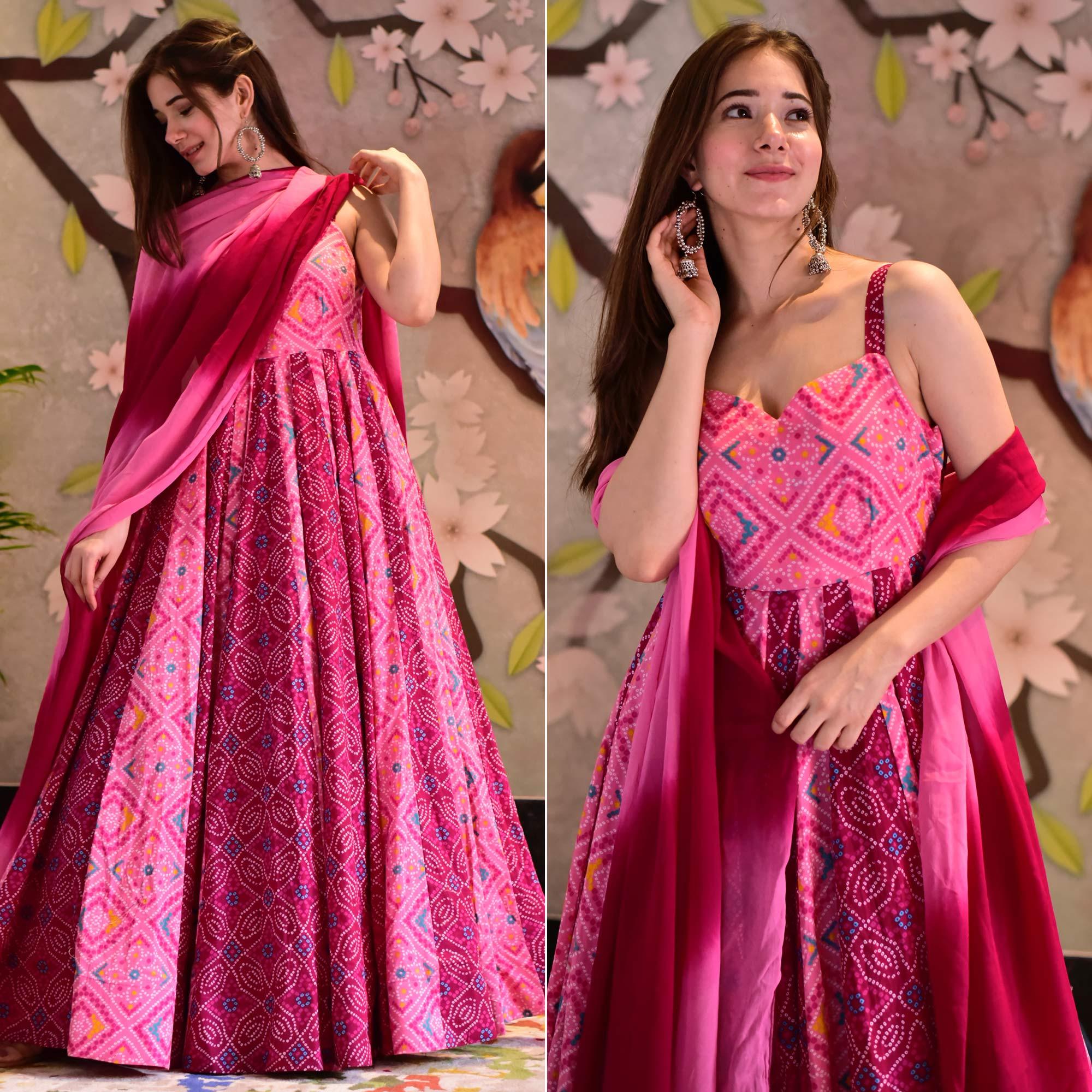 Pink Digital Printed Cotton Silk Gown - Peachmode