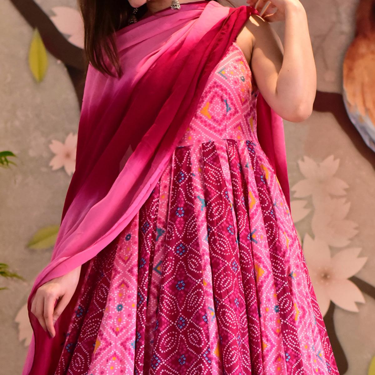Pink Digital Printed Cotton Silk Gown - Peachmode