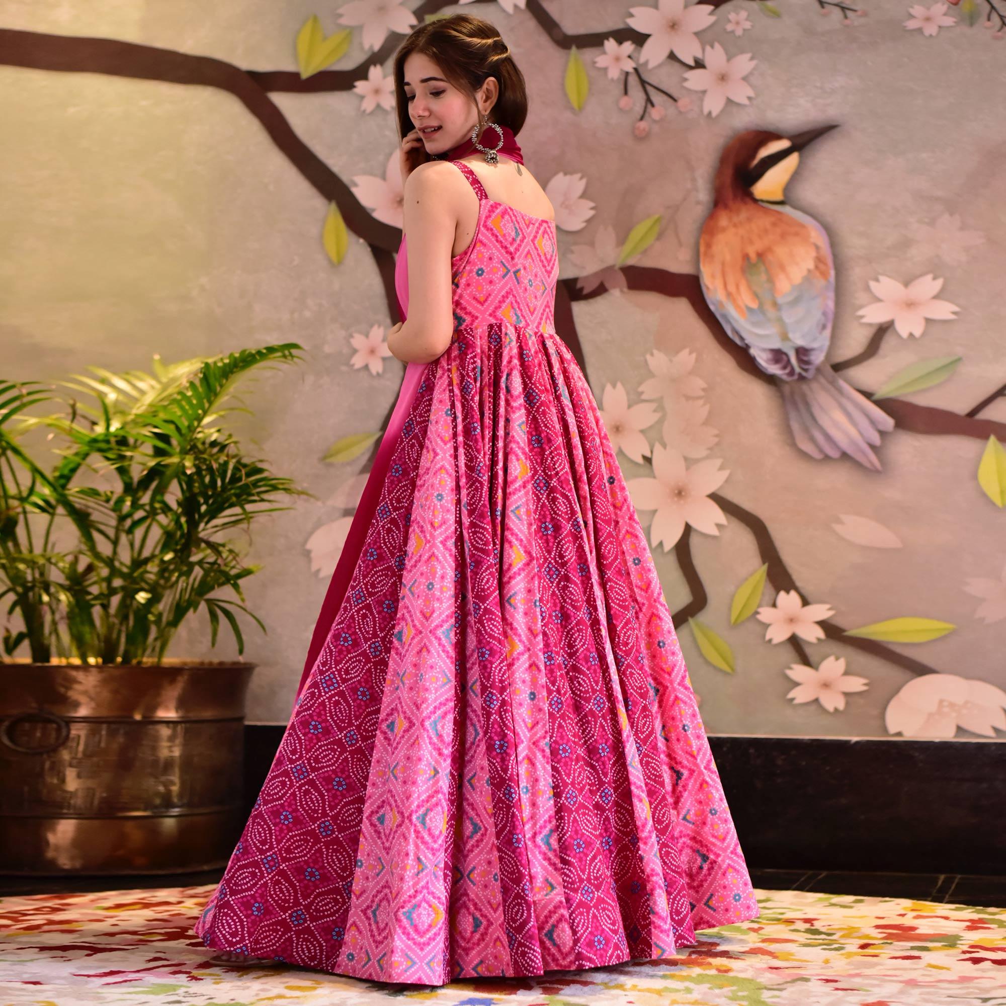Pink Digital Printed Cotton Silk Gown - Peachmode