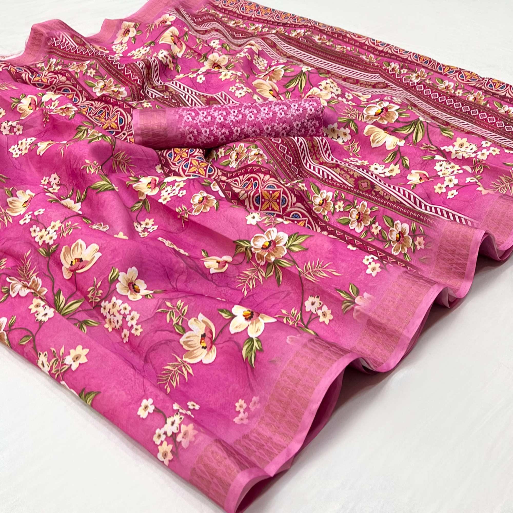 Pink Digital Printed Cotton Silk Saree - Peachmode