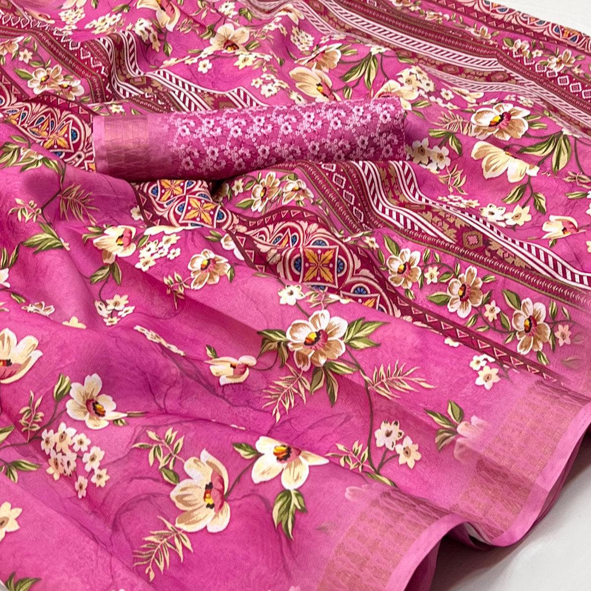 Pink Digital Printed Cotton Silk Saree - Peachmode