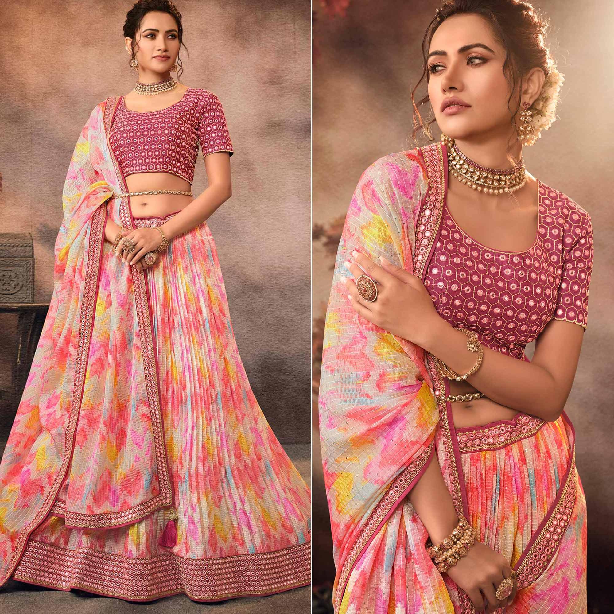 Pink Digital Printed-Embellished Chiffon Lehenga Choli - Peachmode