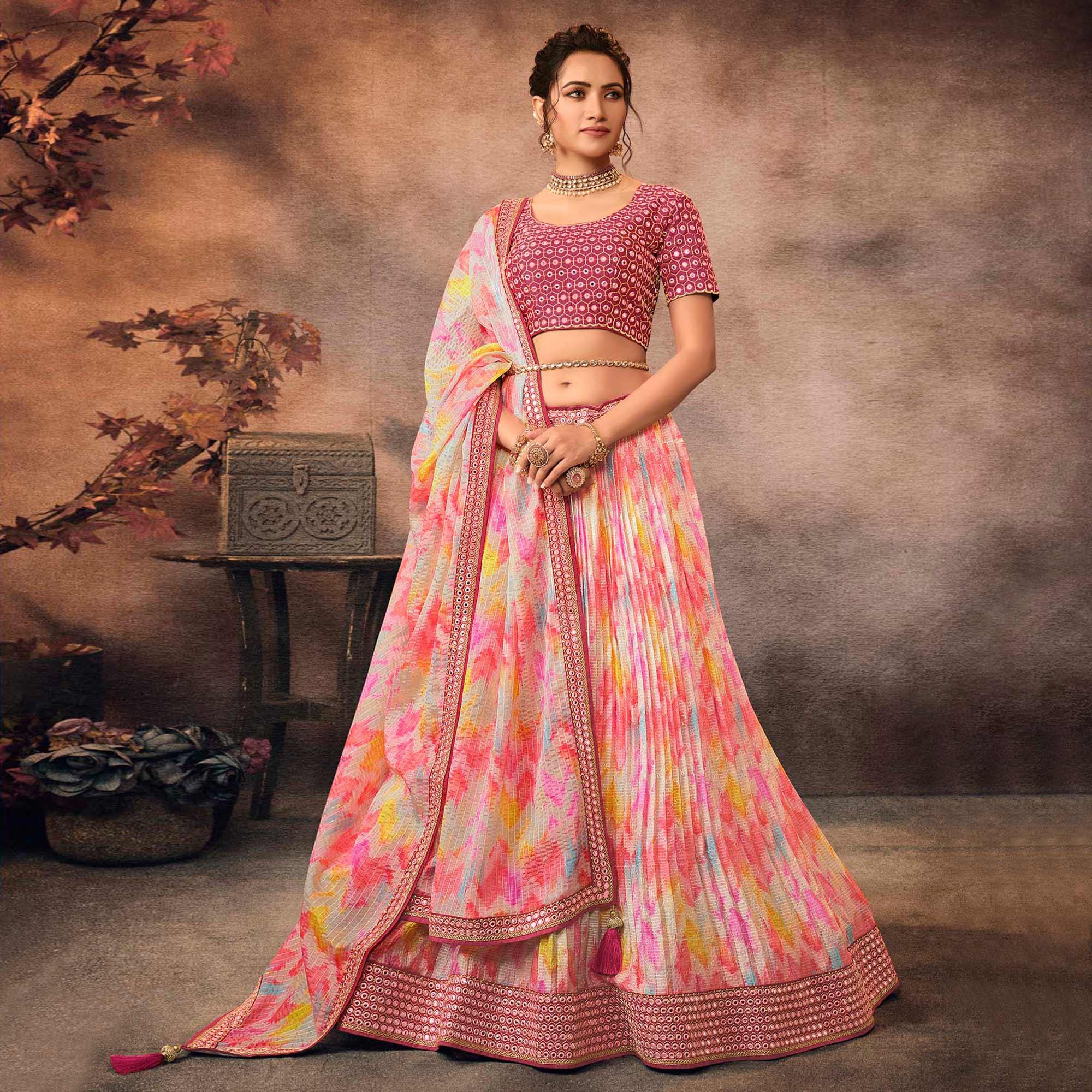 Pink Digital Printed-Embellished Chiffon Lehenga Choli - Peachmode