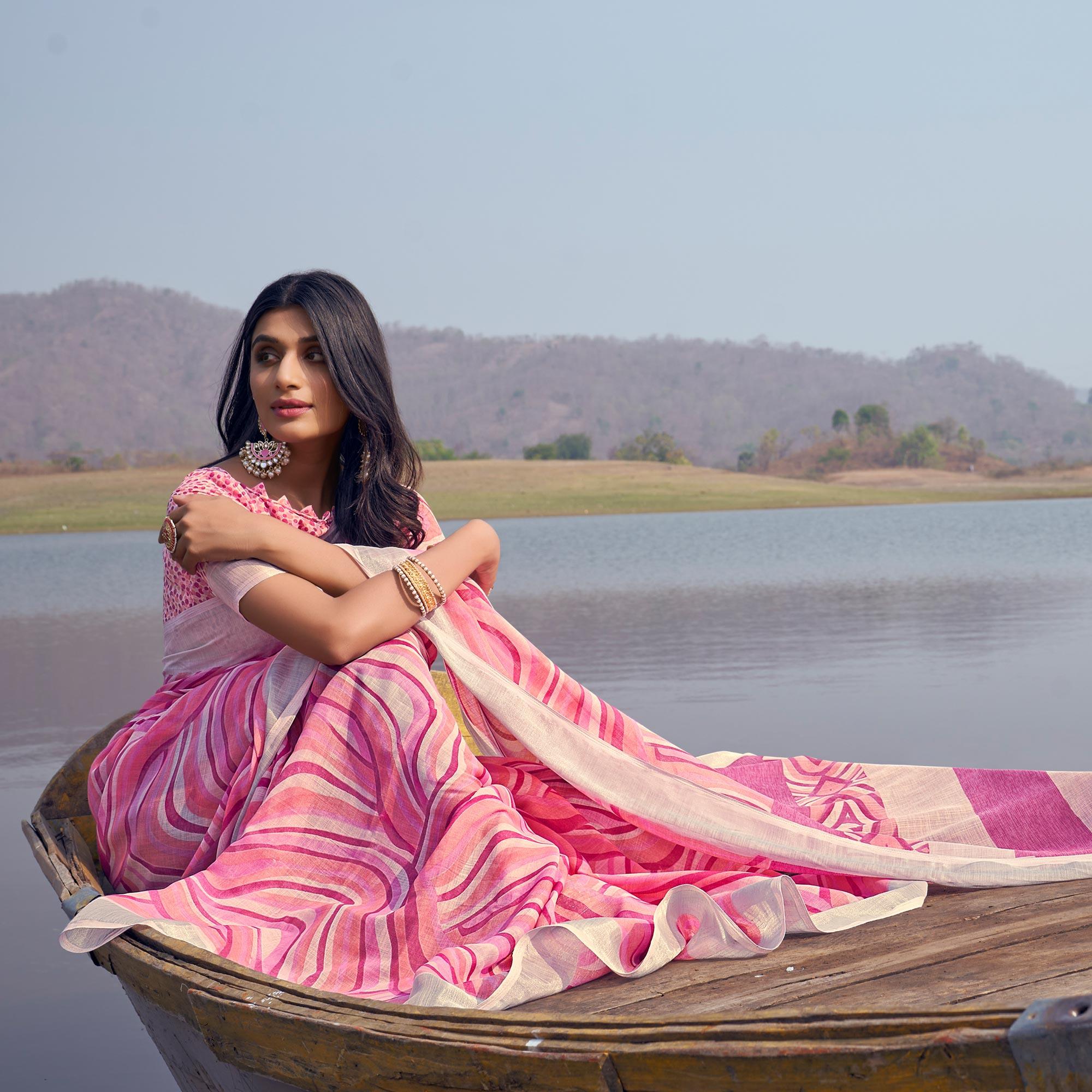 Pink Digital Printed Linen Saree - Peachmode