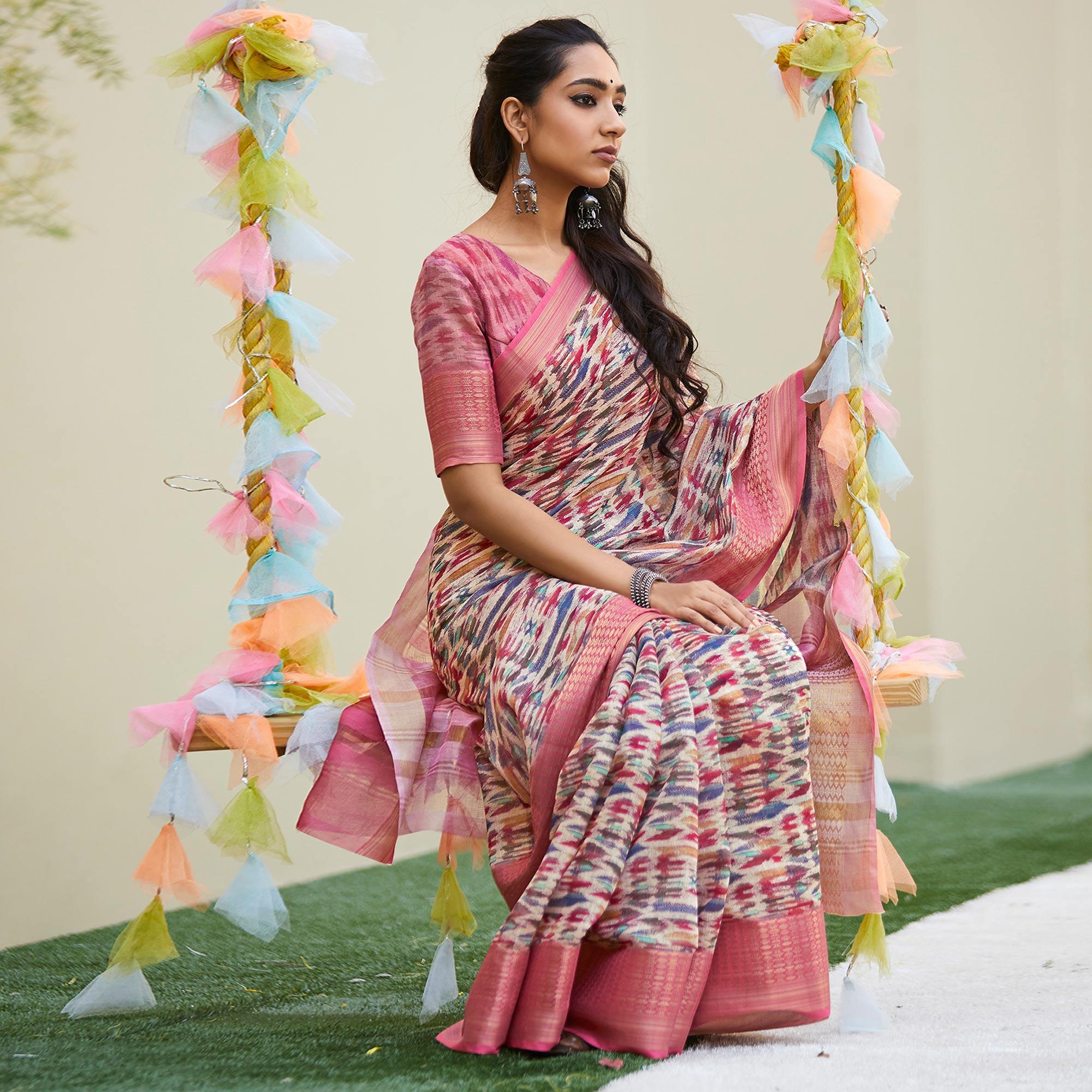 Pink Digital Printed Linen Saree - Peachmode