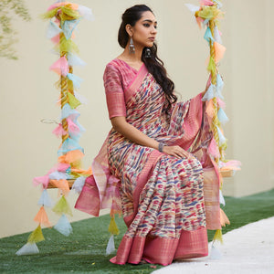 Pink Digital Printed Linen Saree - Peachmode