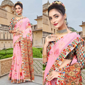 Pink Digital Printed Linen Saree - Peachmode