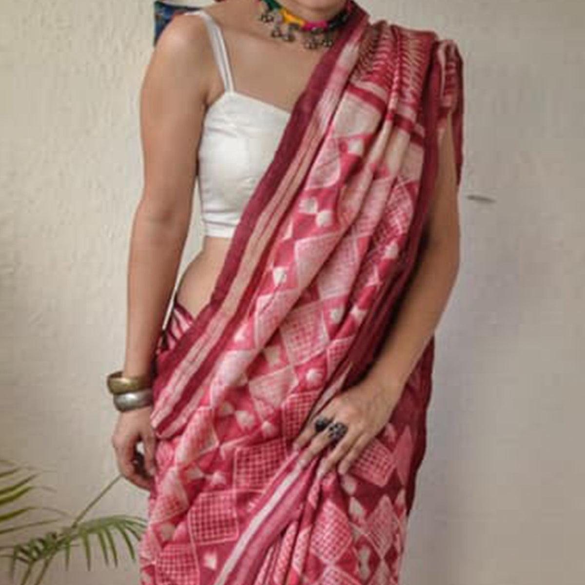 Pink Digital Printed Linen Saree - Peachmode