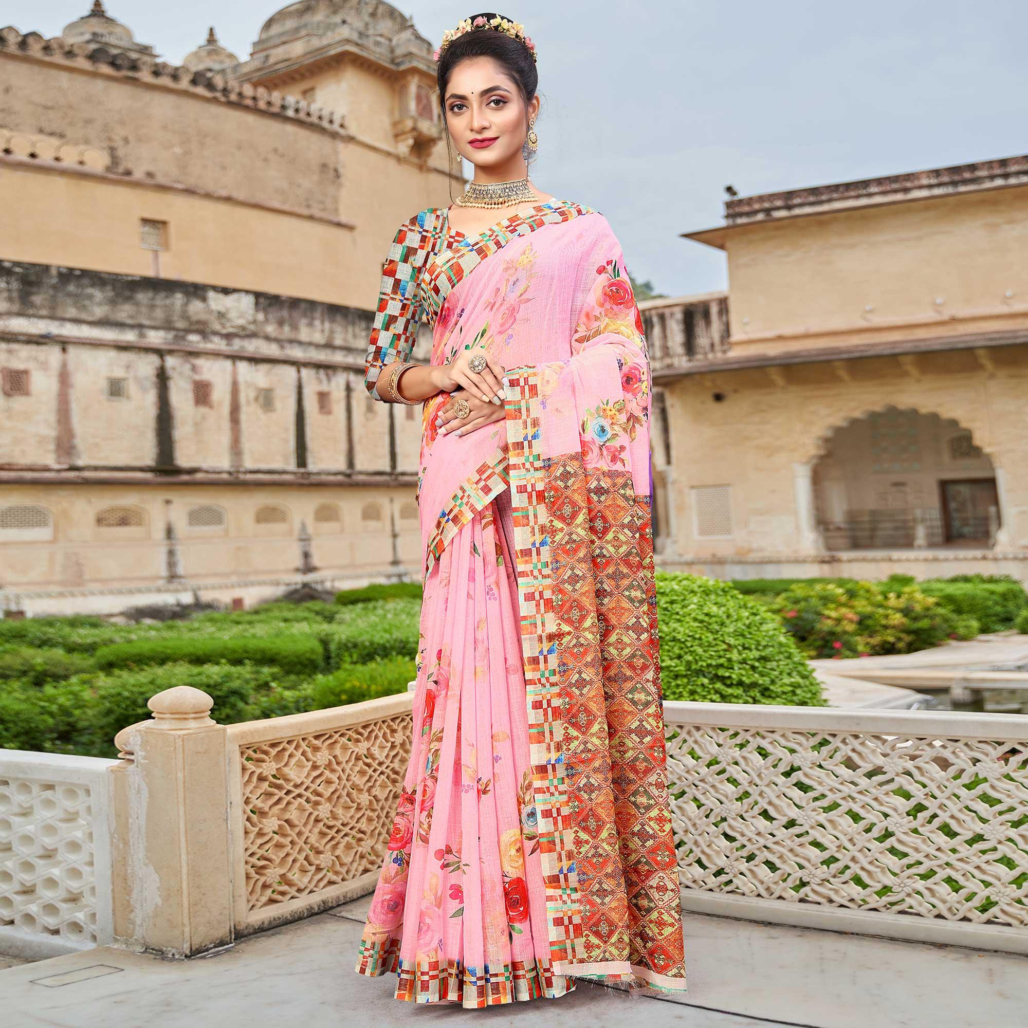Pink Digital Printed Linen Saree - Peachmode