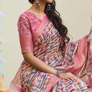 Pink Digital Printed Linen Saree - Peachmode