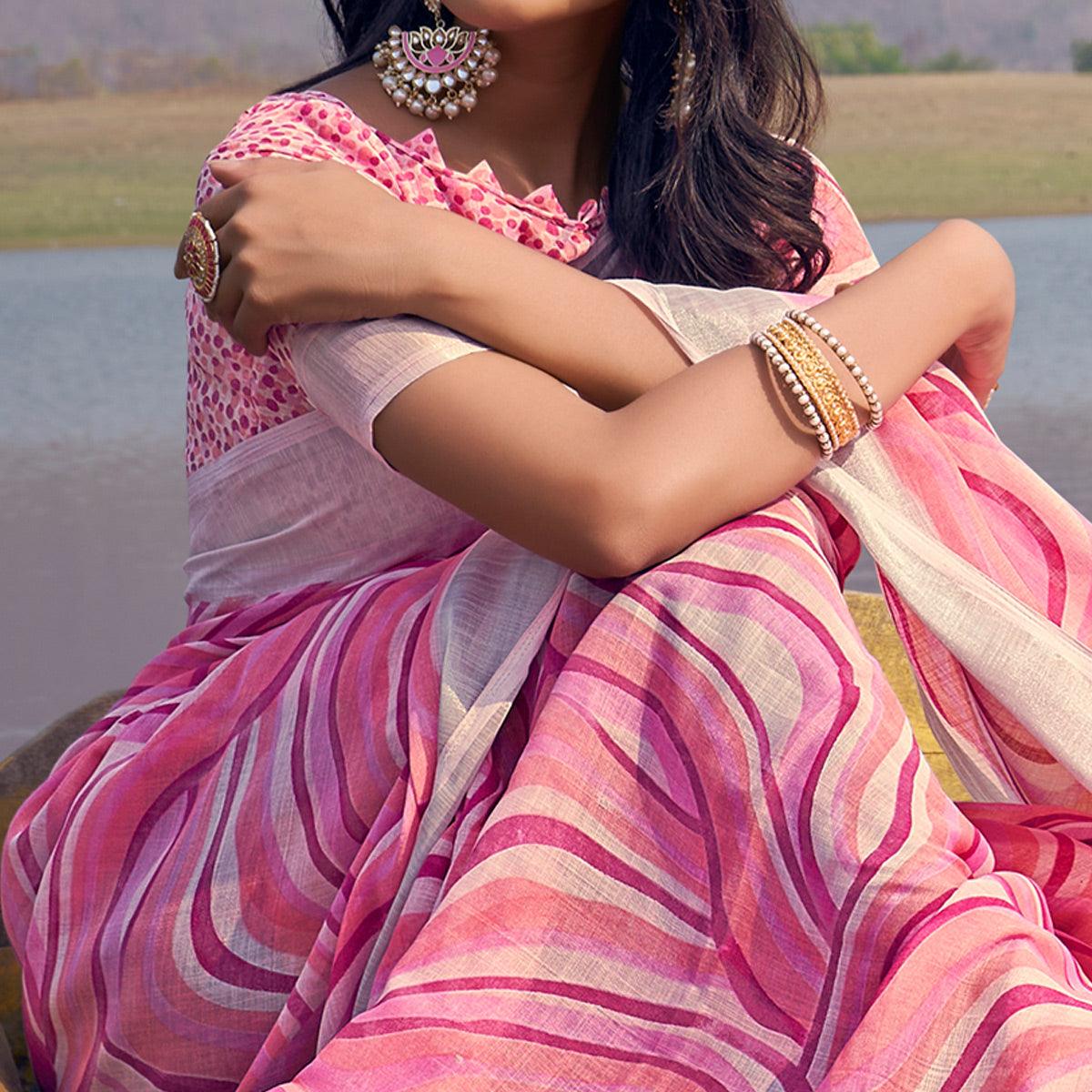 Pink Digital Printed Linen Saree - Peachmode
