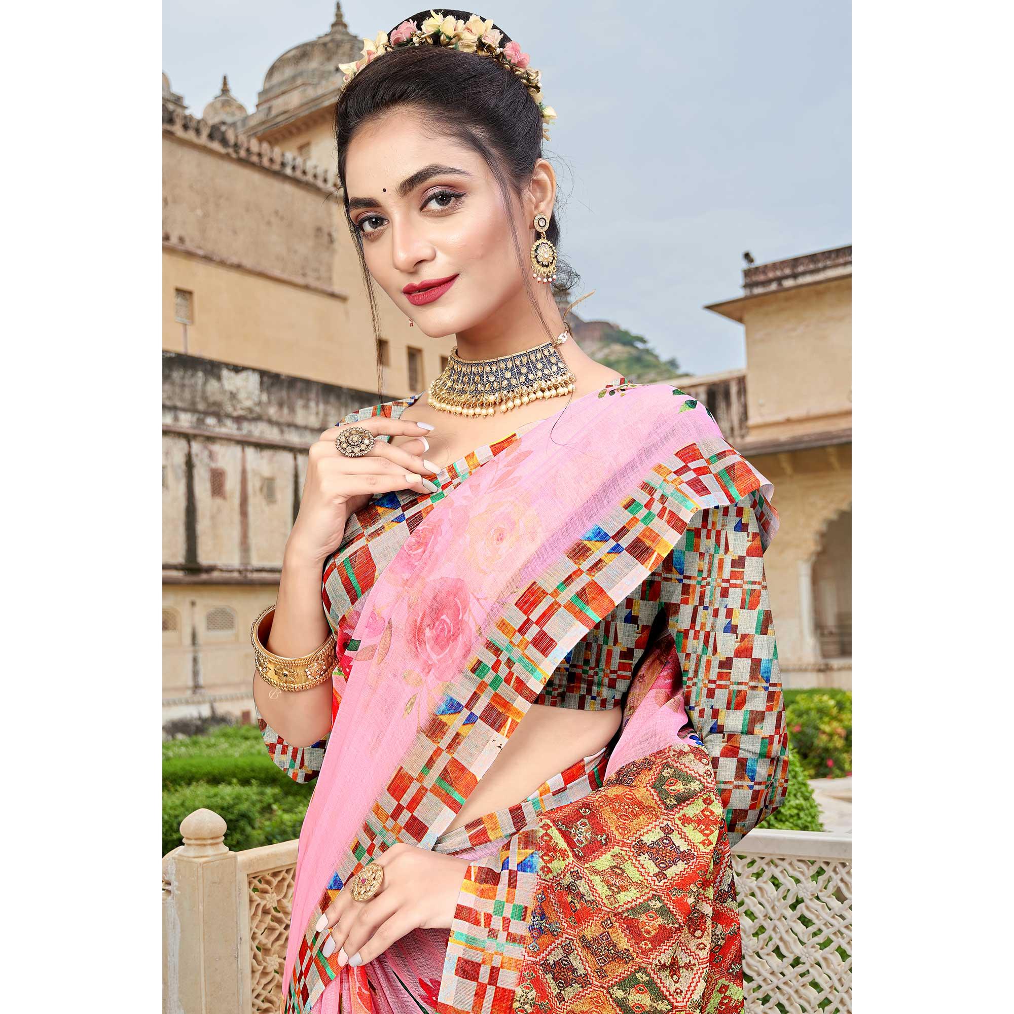 Pink Digital Printed Linen Saree - Peachmode