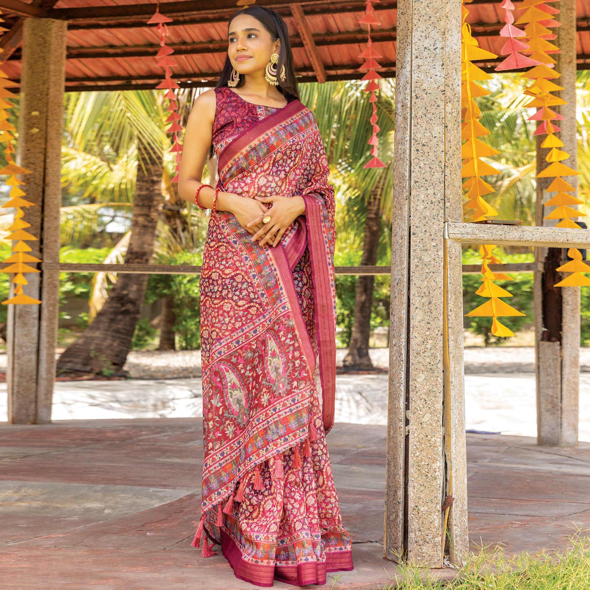 Pink Digital Printed Linen Saree With Tassels - Peachmode