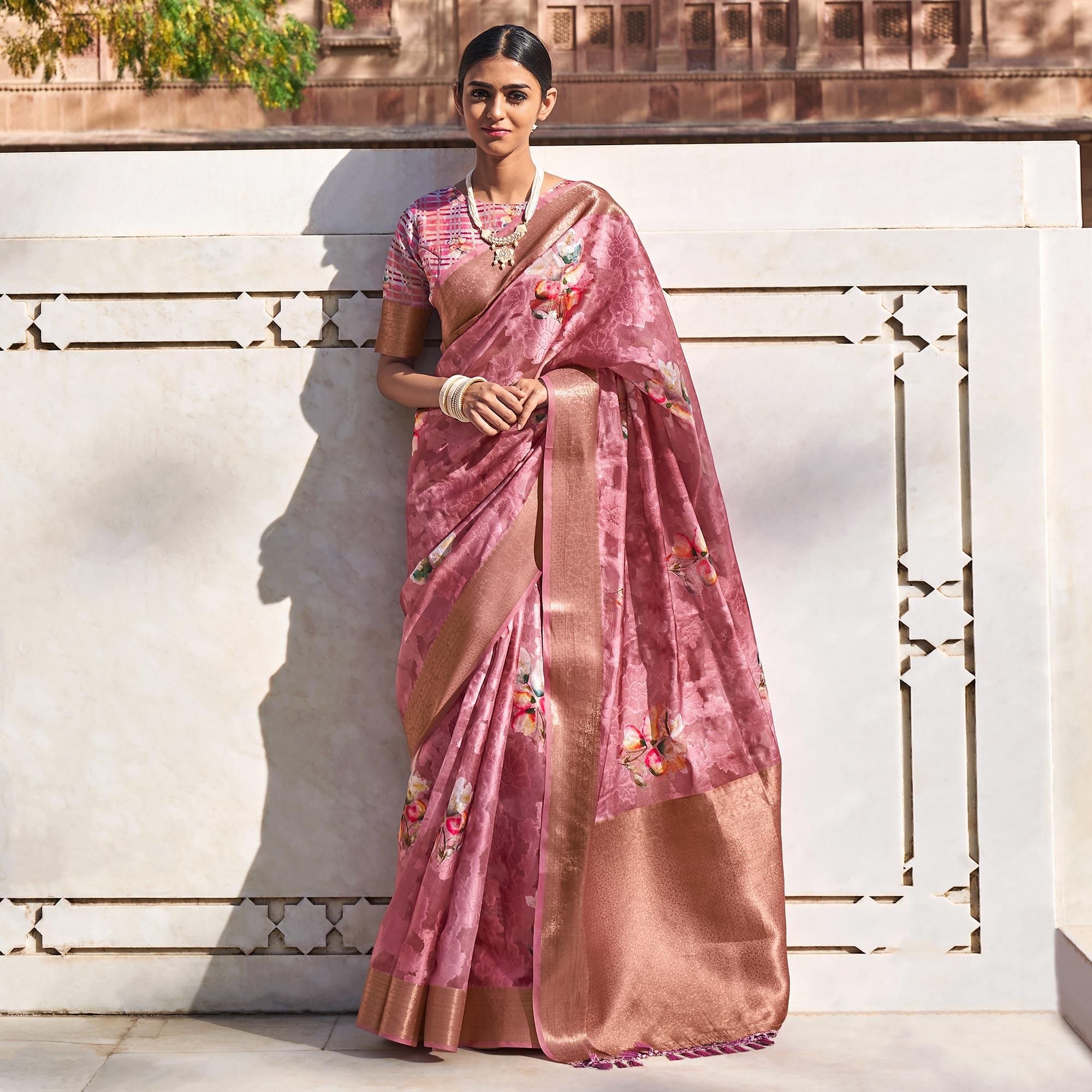 Pink Digital Printed Poly Cotton Saree - Peachmode