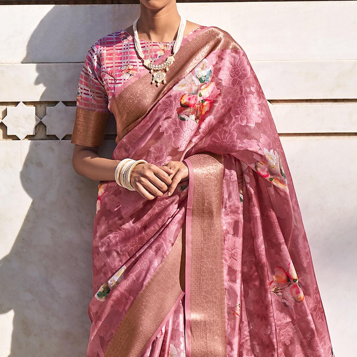 Pink Digital Printed Poly Cotton Saree - Peachmode