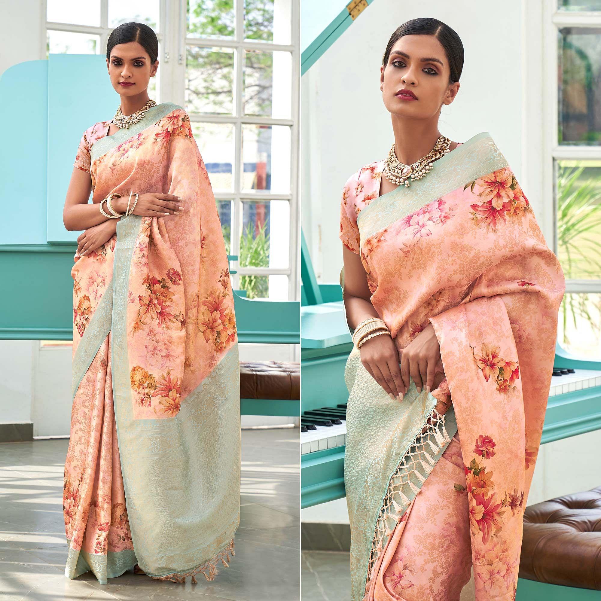 Pink Digital Printed Pure Silk Saree With Tassels - Peachmode