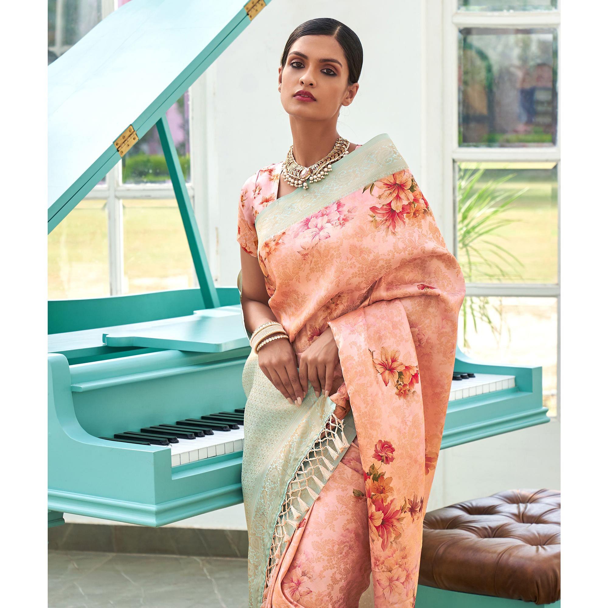 Pink Digital Printed Pure Silk Saree With Tassels - Peachmode