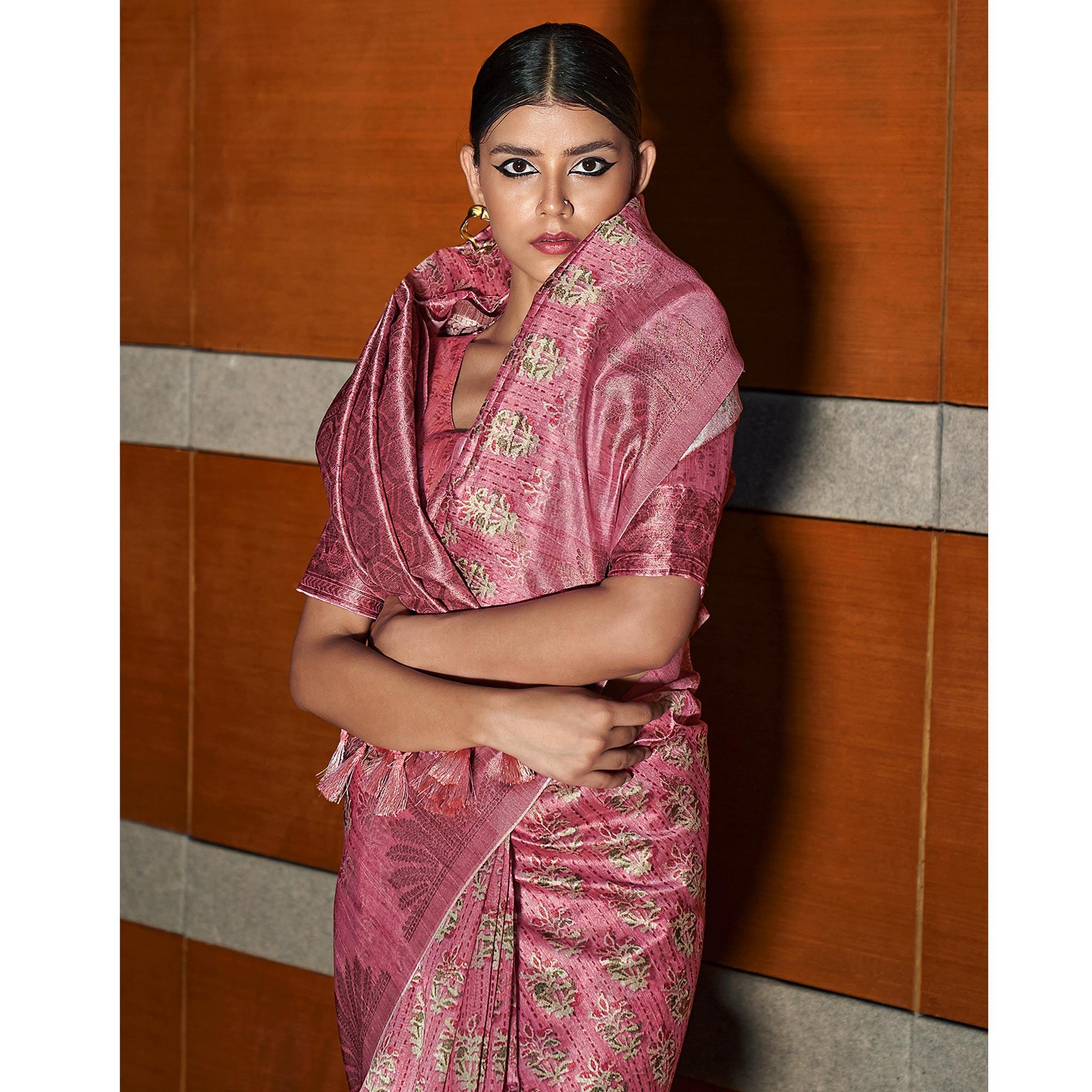 Pink digital Printed Raw Silk Saree With Tassels - Peachmode