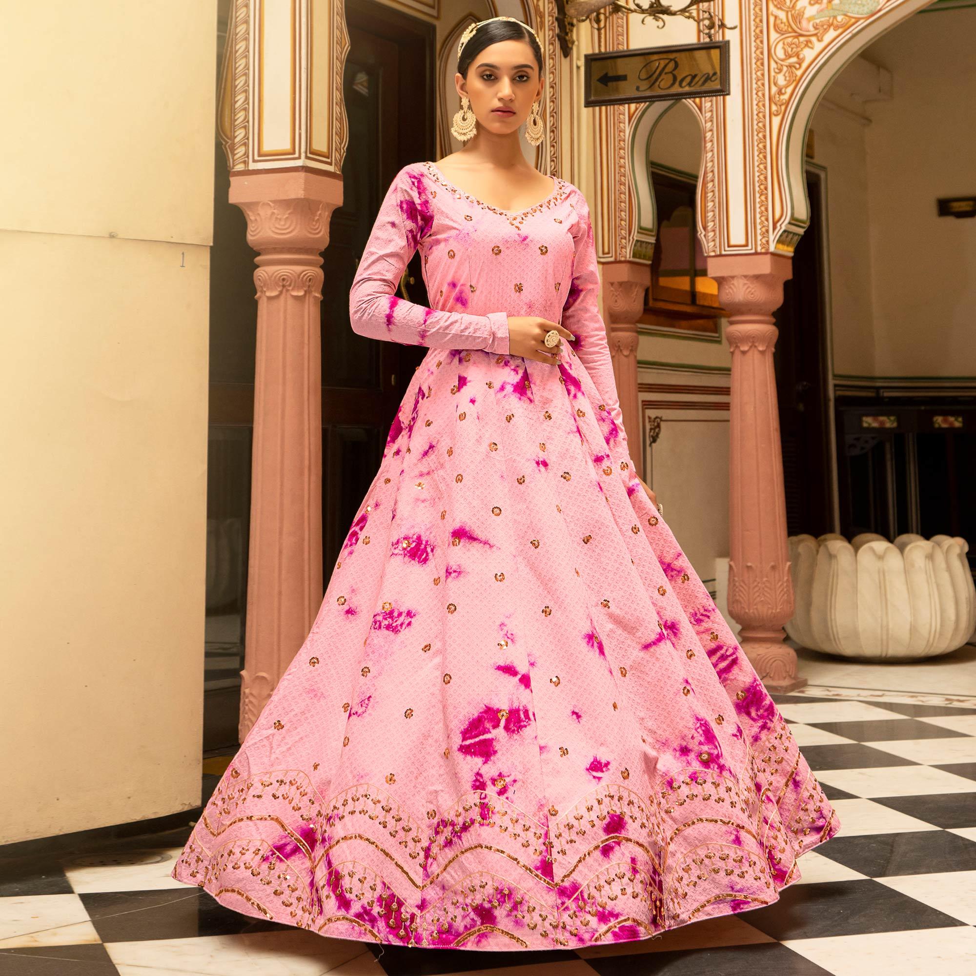 Pink Digital Printed With Sequence Embroidered Poly Cotton Gown - Peachmode