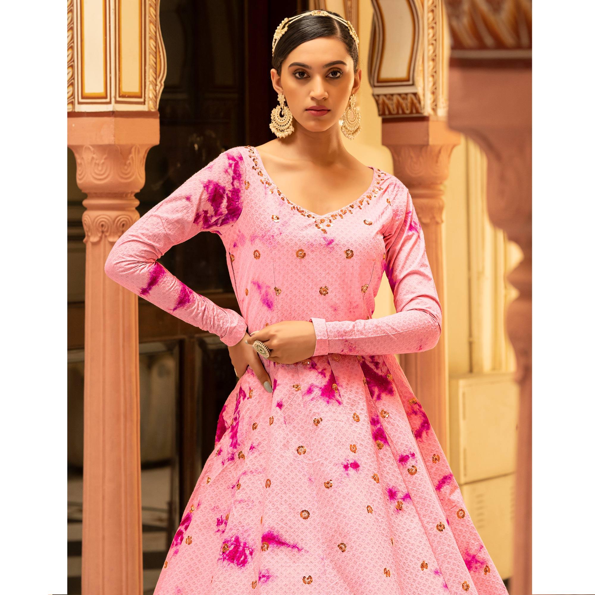 Pink Digital Printed With Sequence Embroidered Poly Cotton Gown - Peachmode