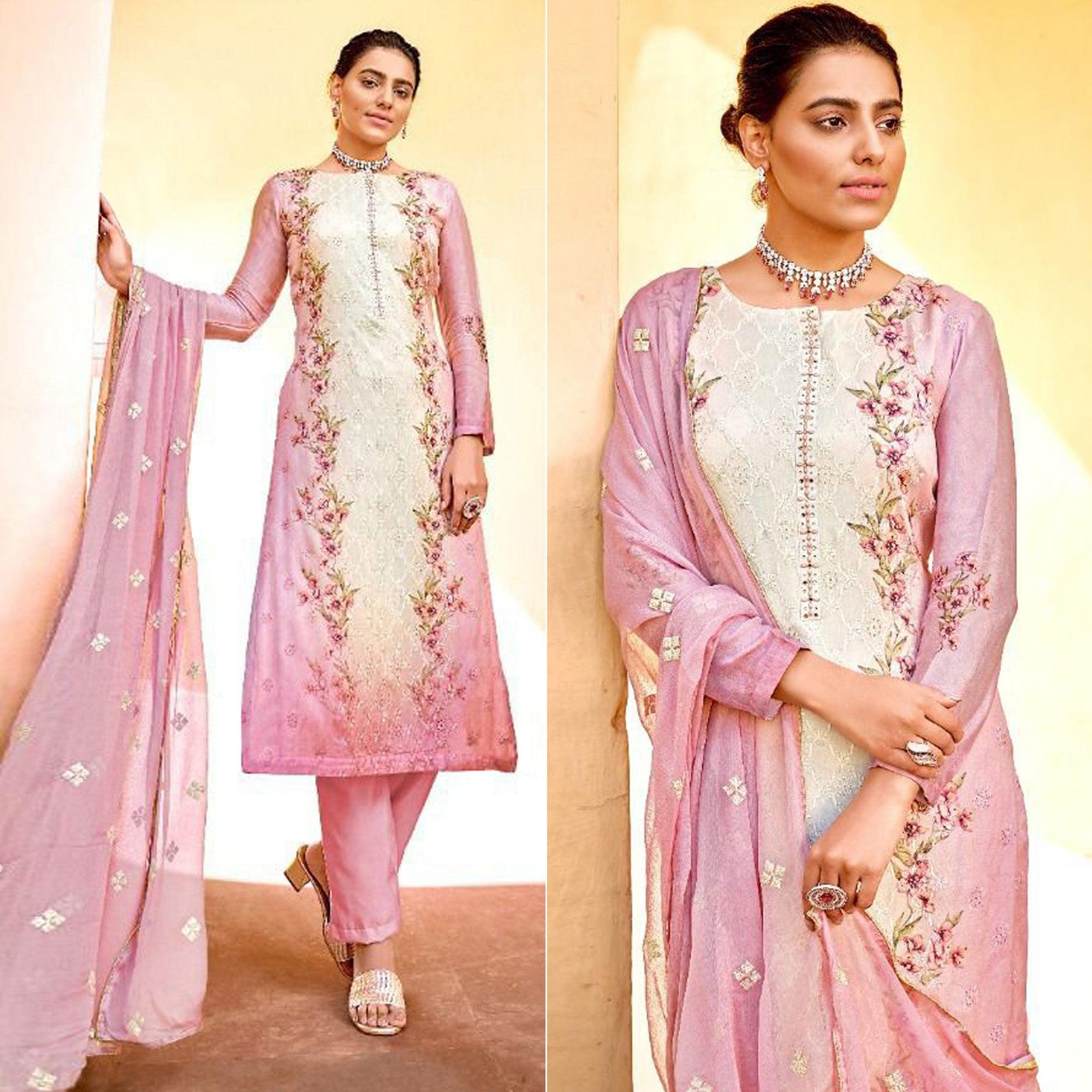 Pink Embellished & Embroidered Chiffon Partywear Suit - Peachmode