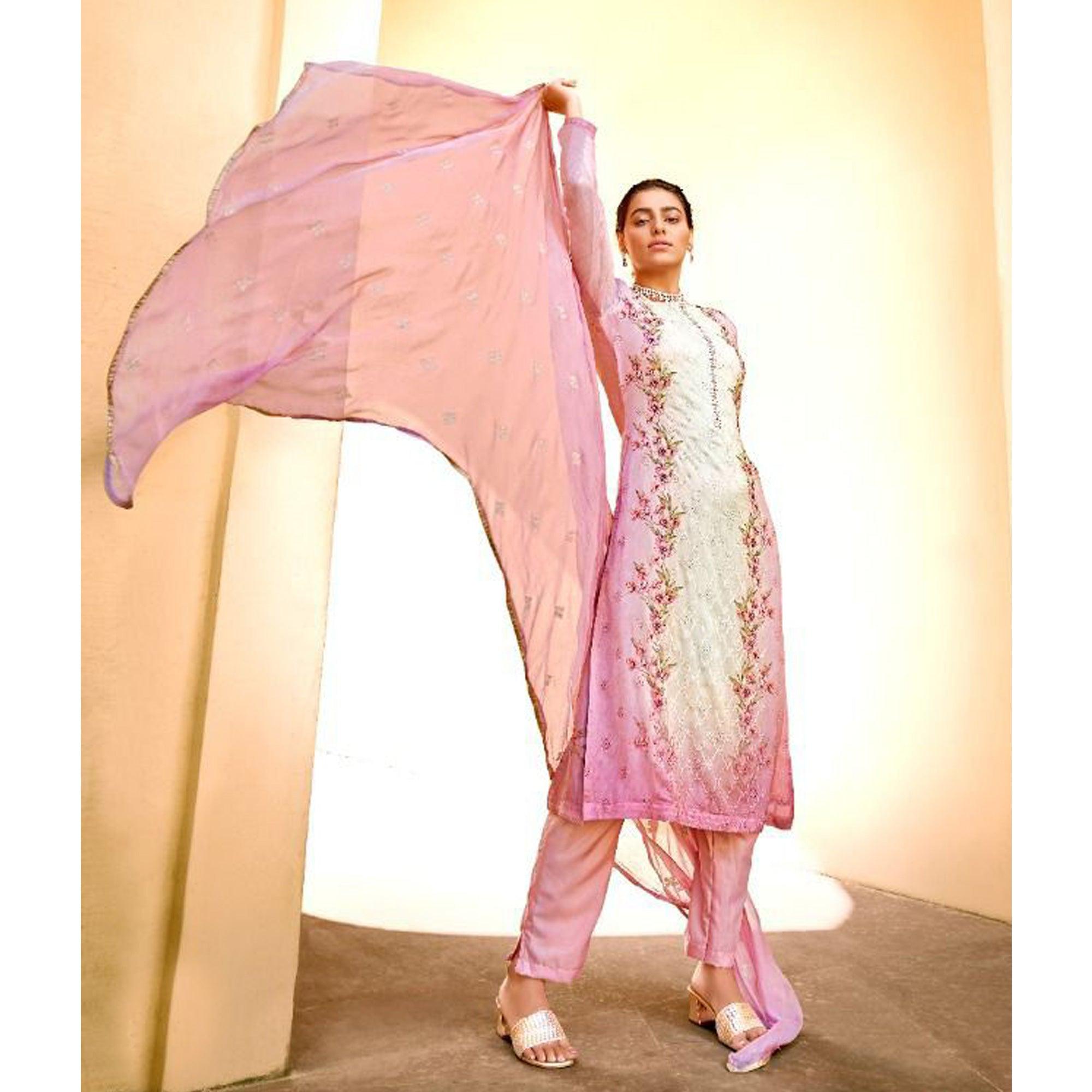 Pink Embellished & Embroidered Chiffon Partywear Suit - Peachmode