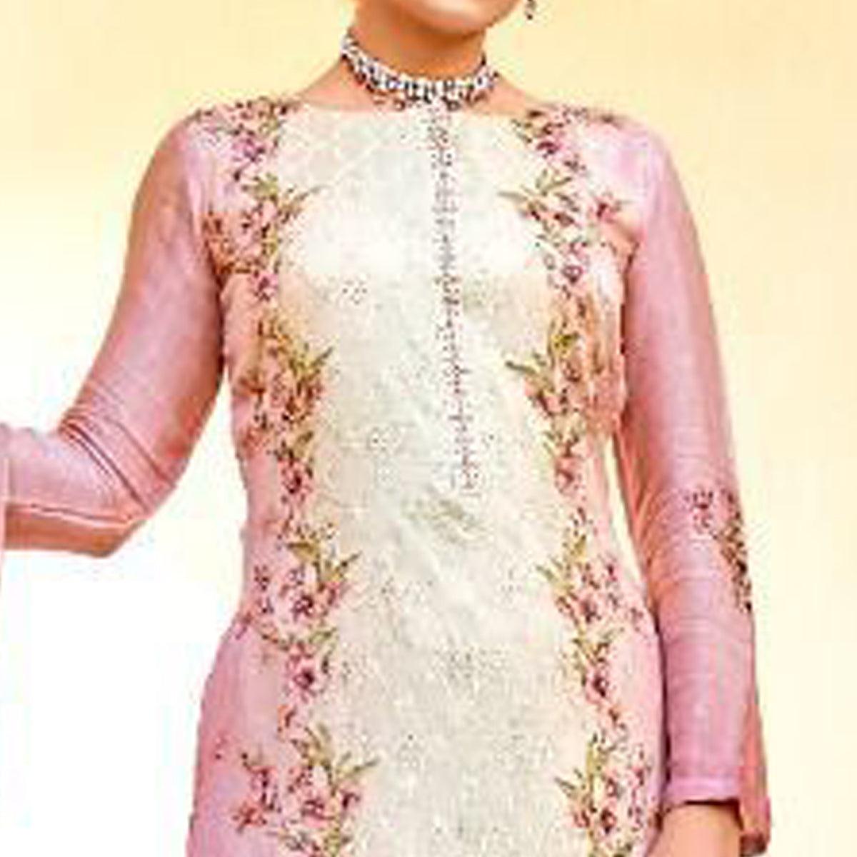 Pink Embellished & Embroidered Chiffon Partywear Suit - Peachmode