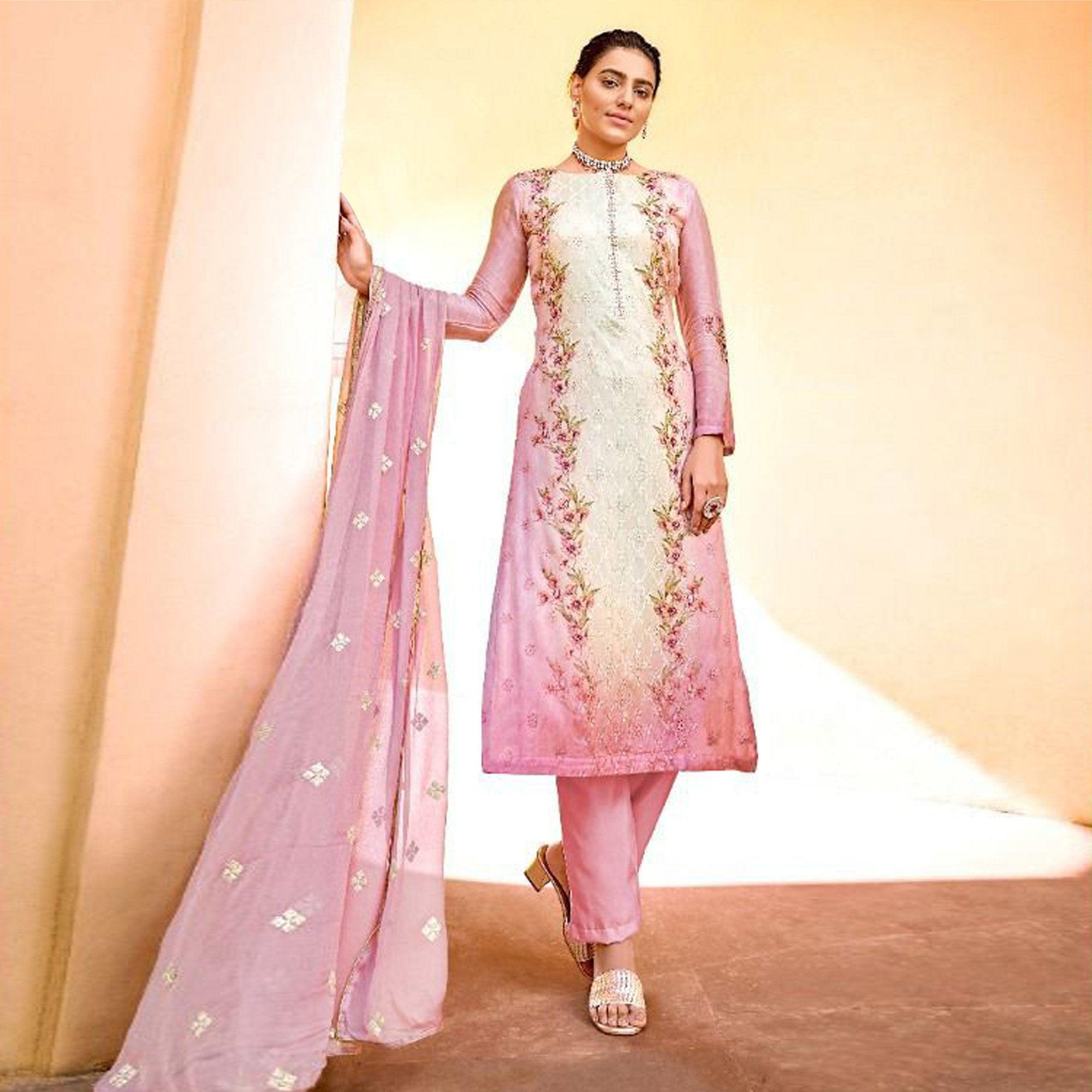 Pink Embellished & Embroidered Chiffon Partywear Suit - Peachmode
