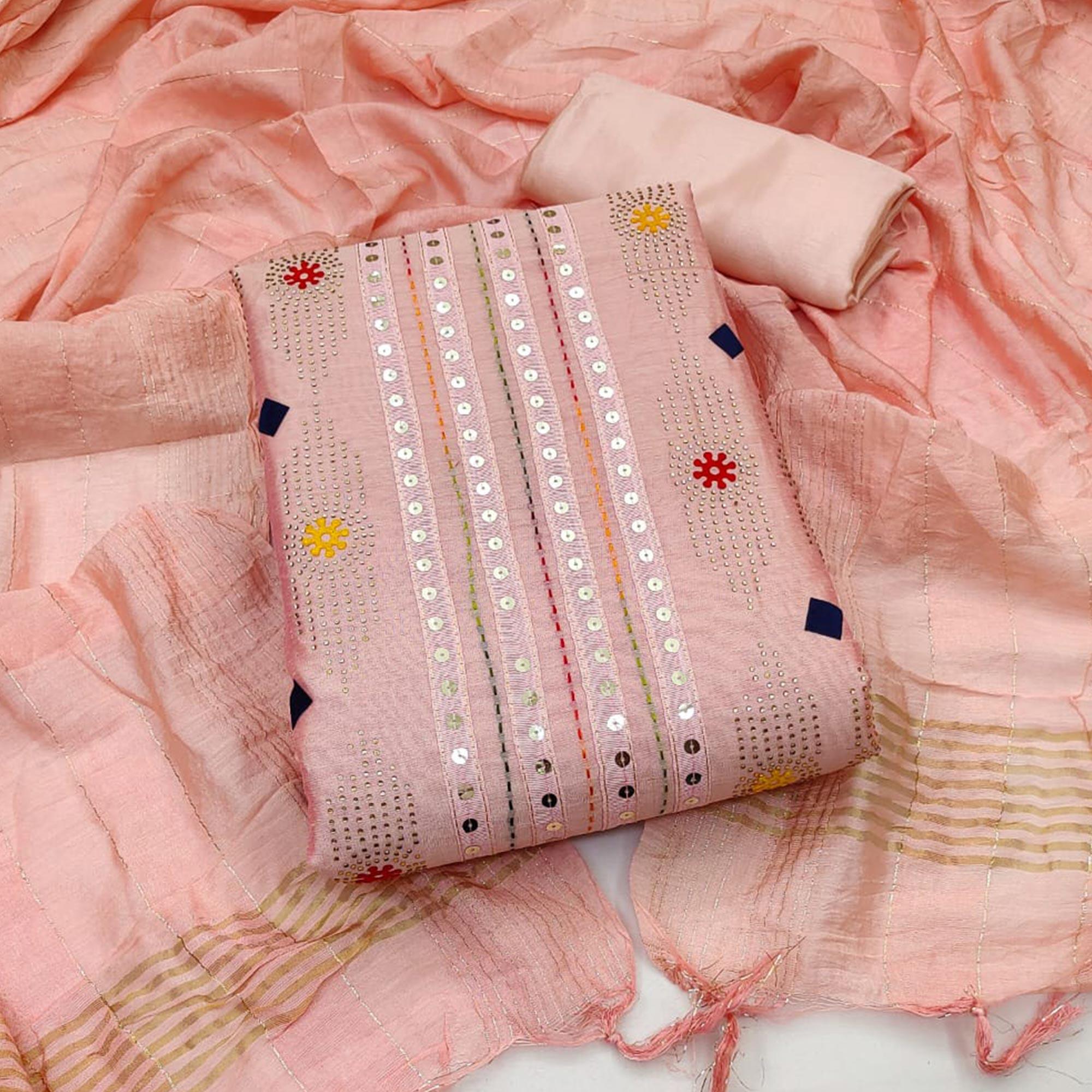Pink Embellished Chanderi Dress Material - Peachmode