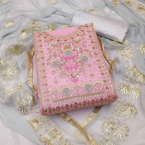 Pink Embellished Chanderi Dress Material - Peachmode