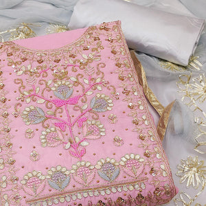 Pink Embellished Chanderi Dress Material - Peachmode