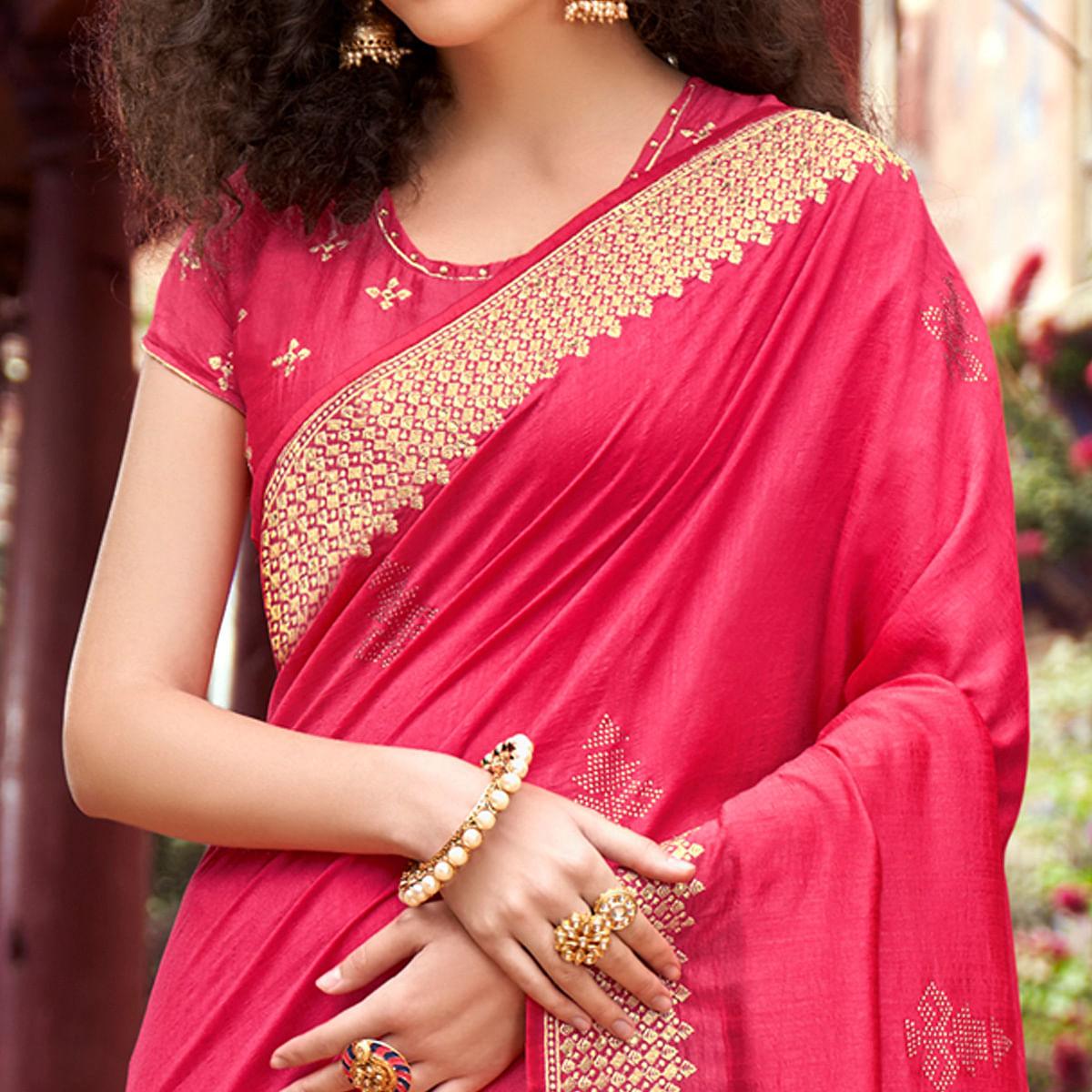 Pink Embellished Vichitra Silk Saree - Peachmode