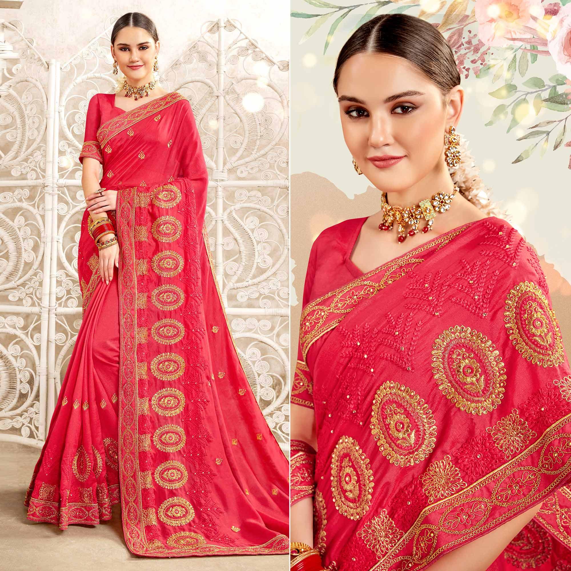 Pink Embellished With Embroidered Art Silk Saree - Peachmode