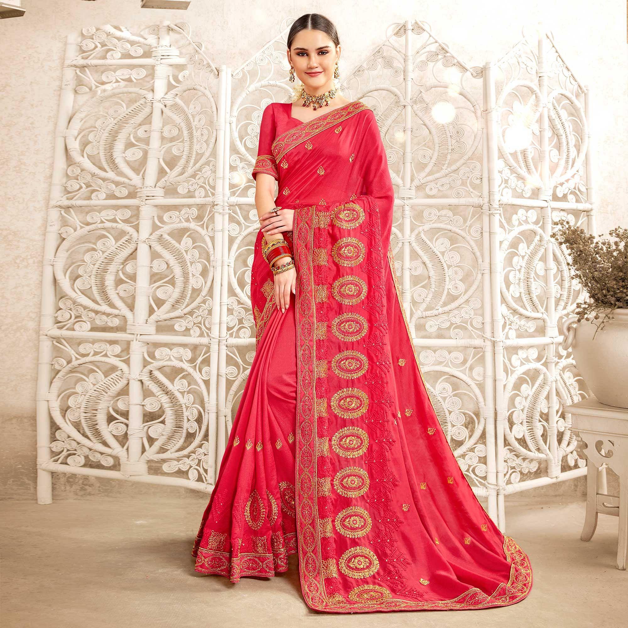 Pink Embellished With Embroidered Art Silk Saree - Peachmode
