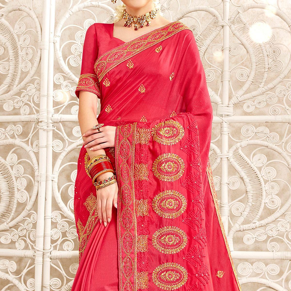 Pink Embellished With Embroidered Art Silk Saree - Peachmode