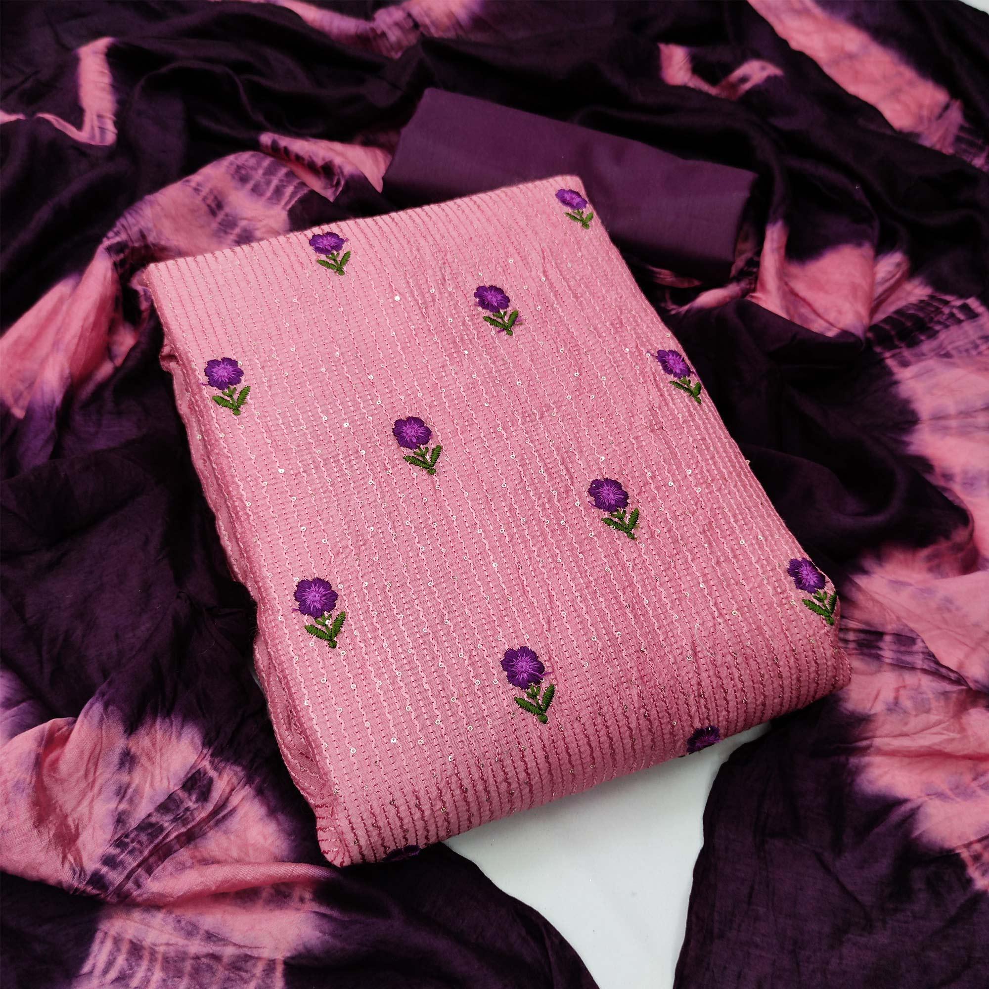 Pink Embellished With Embroidered Chanderi Dress Material - Peachmode