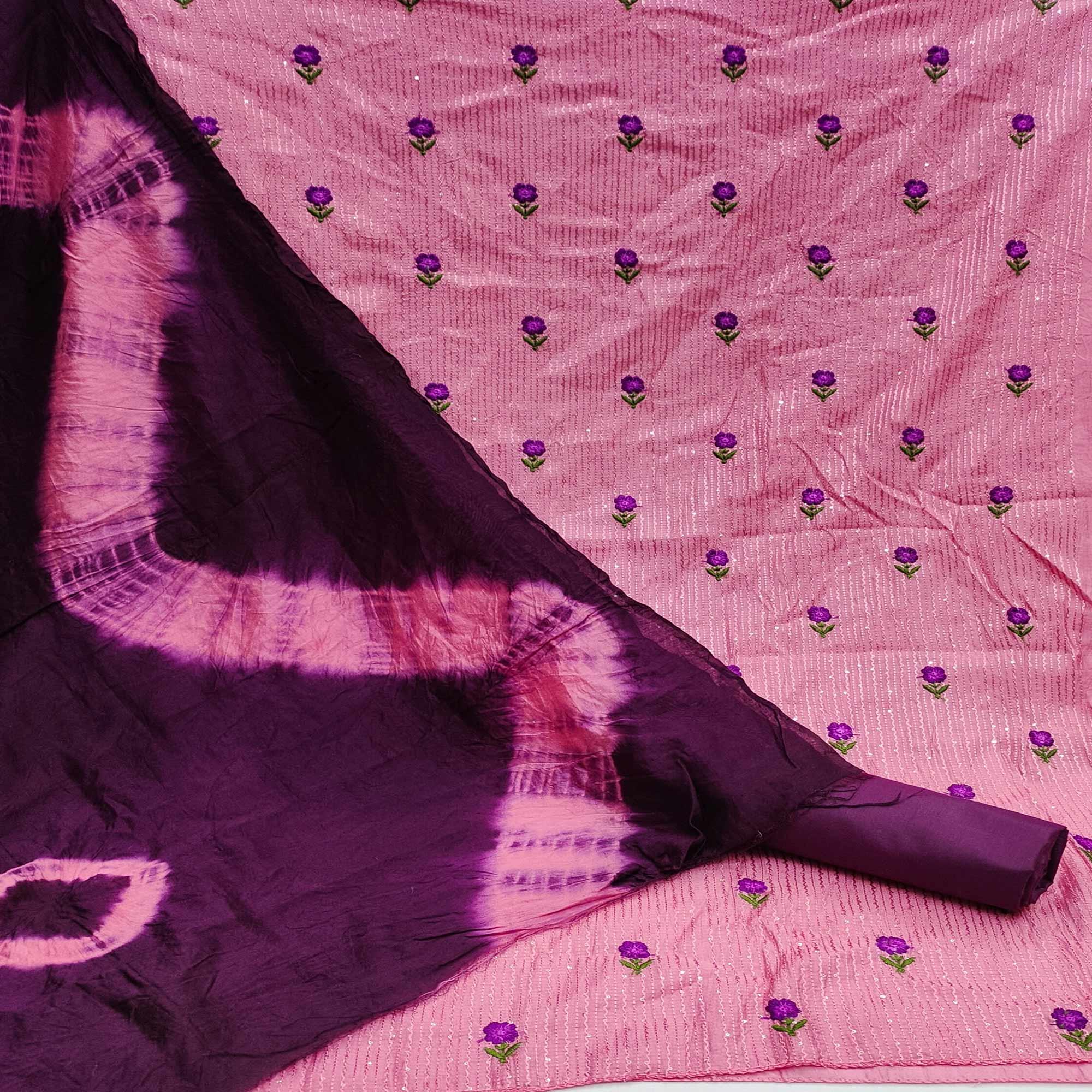 Pink Embellished With Embroidered Chanderi Dress Material - Peachmode