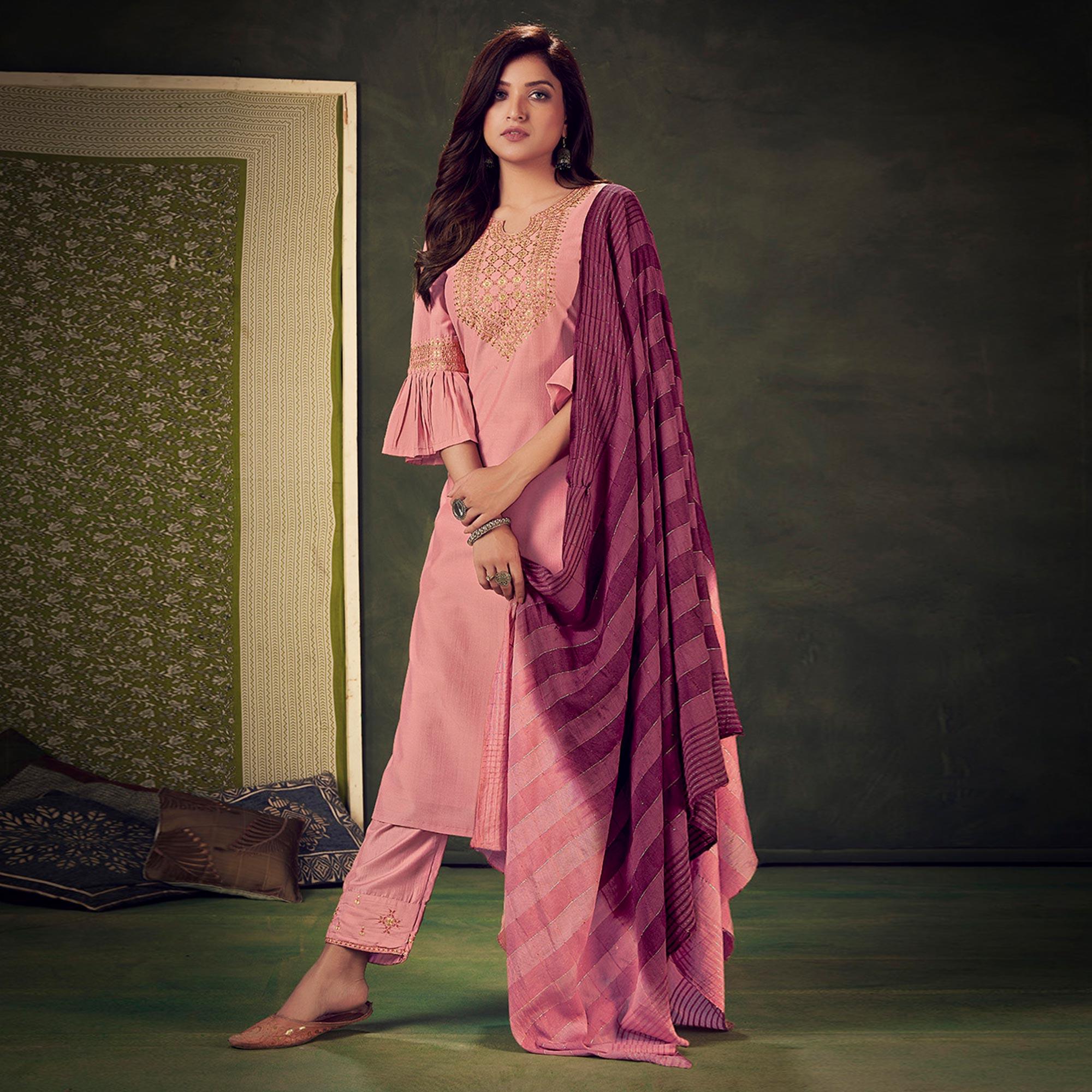 Pink Embellished With Embroidered Chiffon Kurti Pant Set With Dupatta - Peachmode