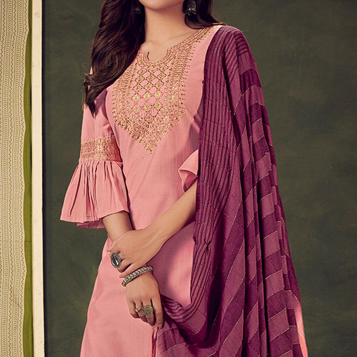 Pink Embellished With Embroidered Chiffon Kurti Pant Set With Dupatta - Peachmode