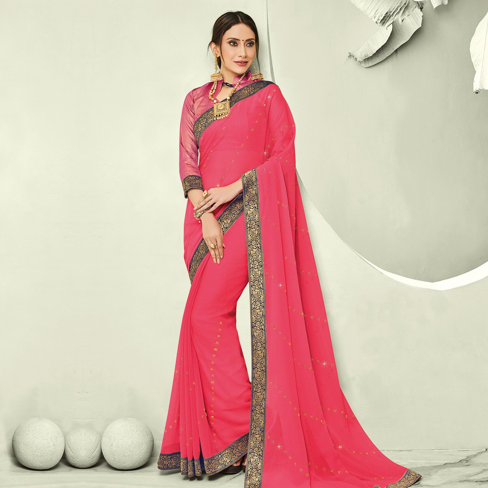 Pink Embellished With Embroidered Chiffon Saree - Peachmode