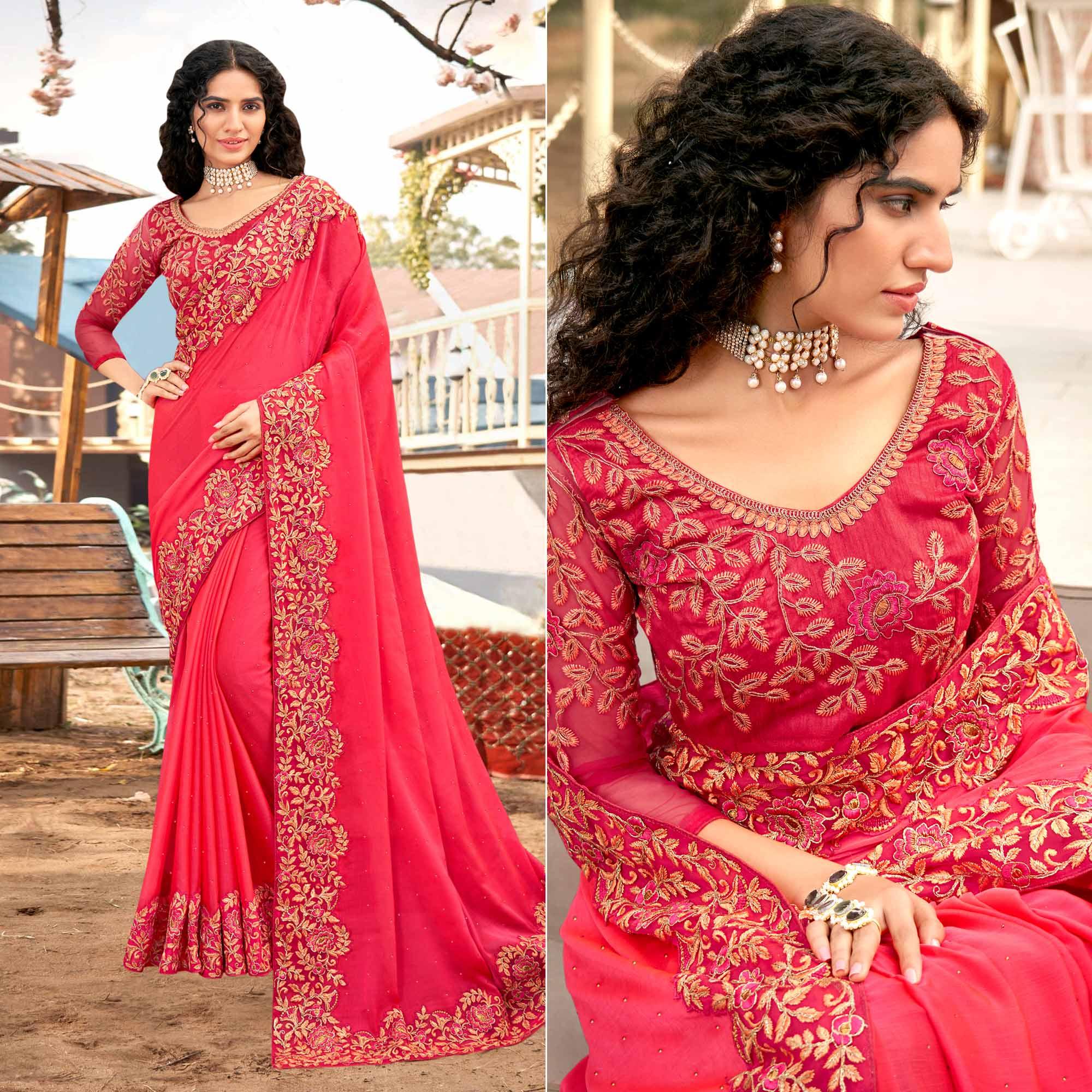 Pink Embellished With Embroidered Chiffon Saree - Peachmode