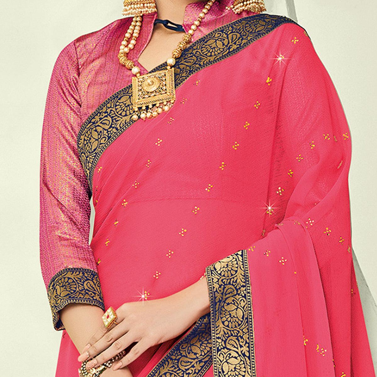 Pink Embellished With Embroidered Chiffon Saree - Peachmode